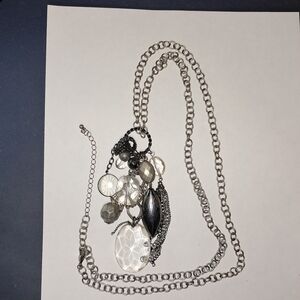 Long Silvertone Chain & Clear Glass Cluster Pendant Necklace